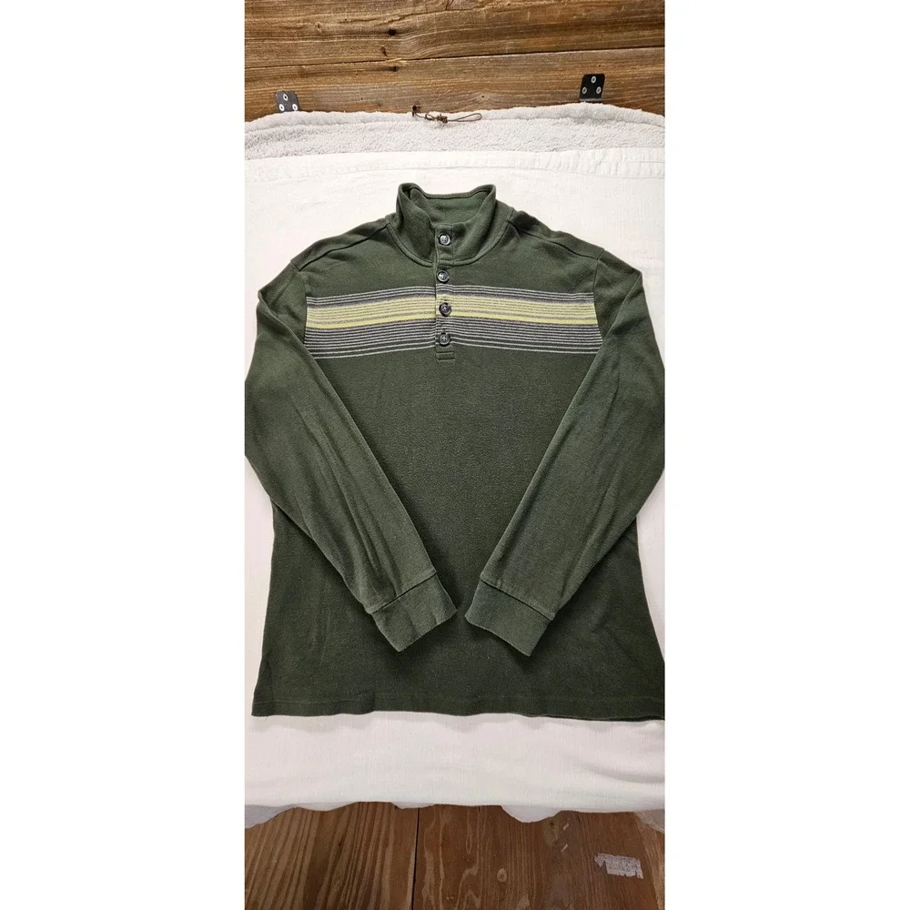 Banana Republic Mens XXL Olive Green Striped Mock Neck 4-Button Pullover Shirt